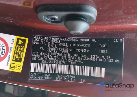 2019 Toyota Highlander Xle from USA, damaged, VIN 5TDJZRFH0KS965775